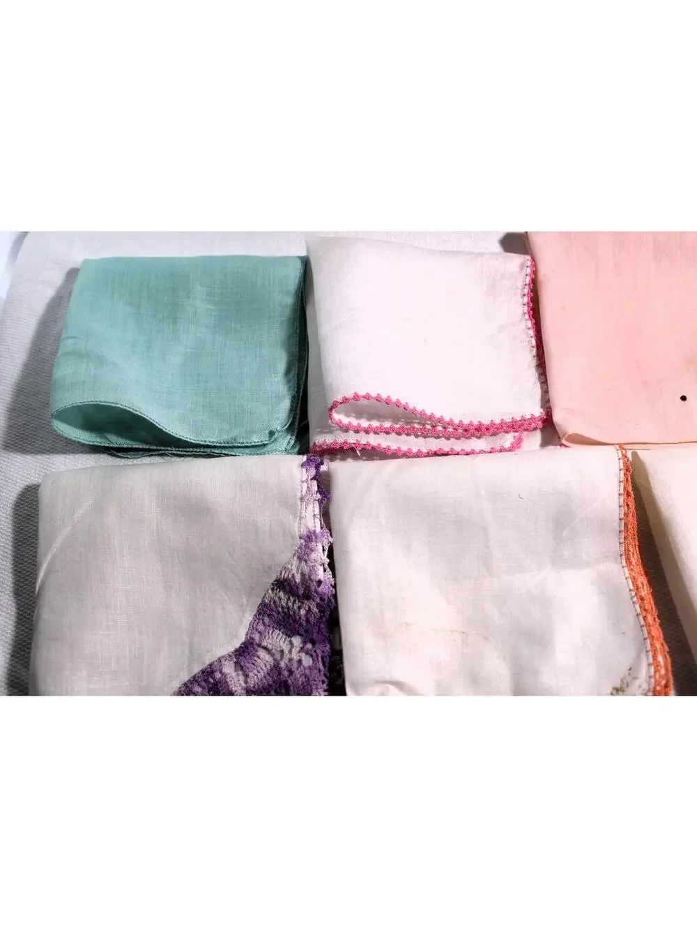 Lot of 9 Vintage Handkerchiefs With Crocheted Borders, Some Slightly Imperfect